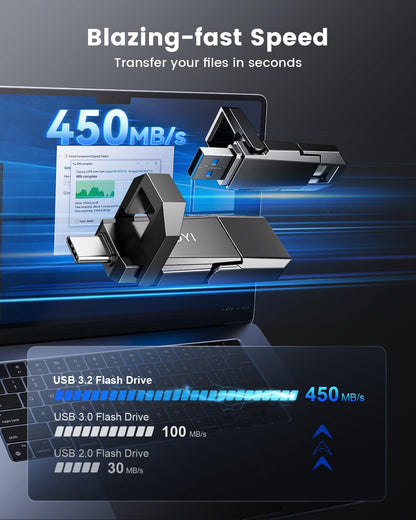 RAOYI 256GB USB C External SSD, 2-in-1 Solid State Drive Up to 450MB/s Dual USB 3.2 + Type-C Thumb Drive Portable SSD Drive for iPhone 15/16, Android, Tablet, PC and PS4