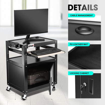 DNA MOTORING Steel AV Cart with Extra Storage, 24" X 18" X 20.7"-30" Height Adjustable 2-Layer Utility Rolling Projector Cart w/Wheels, Pull Out Tray, Power Strip, Cord Management, TOOLS-00496