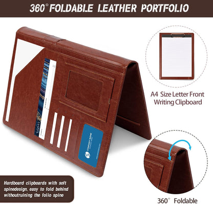 Brown Leather Portfolio Organizer Clipboard Storage Folio Padfolio for Men Notepad Notebooks for Work