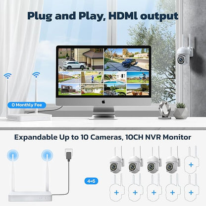 Security Cameras Wireless Outdoor,5MP Color Night Vision Home Security Camera System Wireless with Auto Tracking,Up to 10CH,360° PTZ,2-Way Audio,2.4/5GHz WiFi, for Home & Business Surveillance Kits