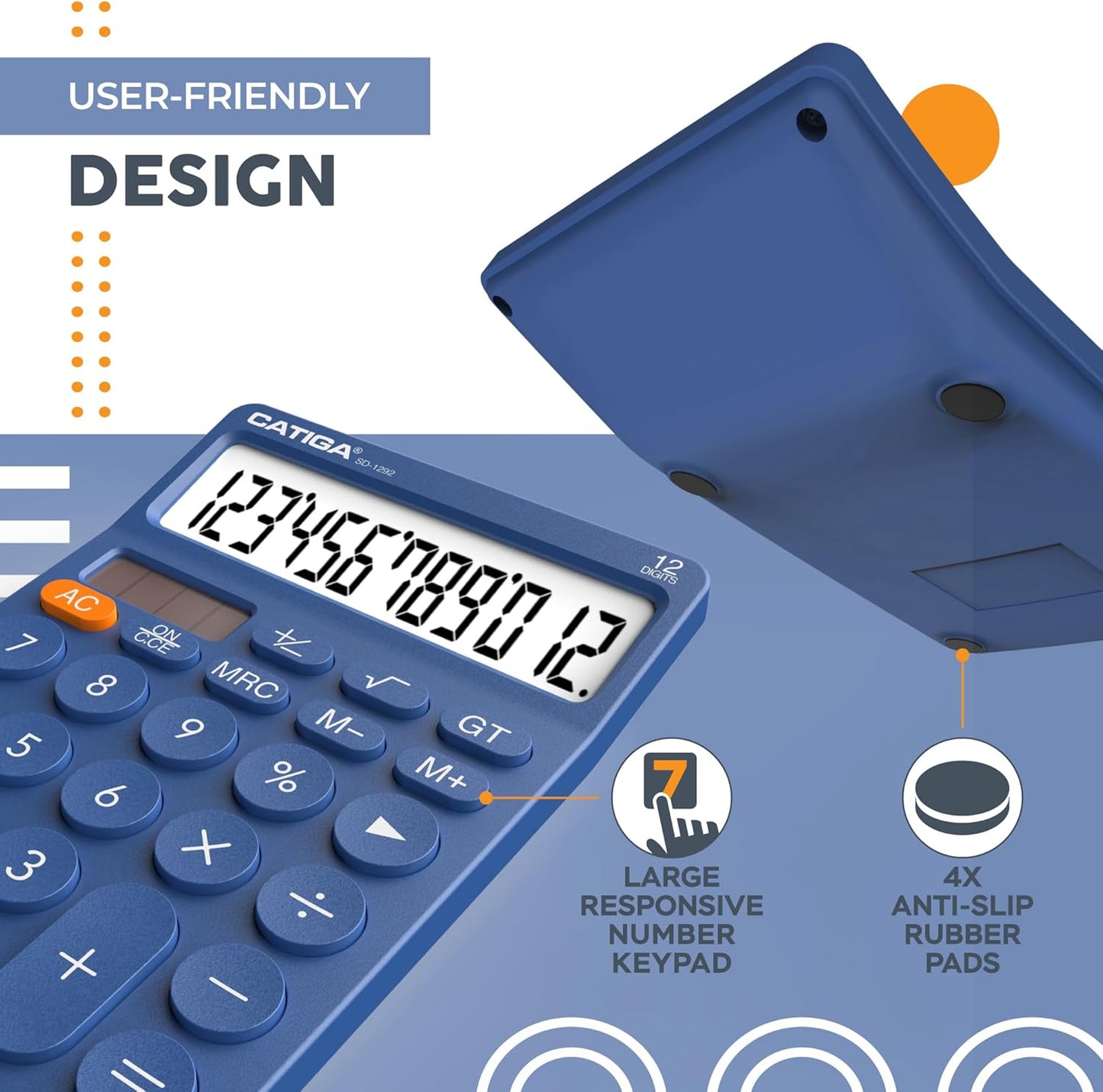 CATIGA 12 Digit Desktop Calculator Basic Desk Calculator with Large LCD Display, Big Buttons, 4 Function, Solar and Battery Dual Power, for Office, School, Home, SD-1292 Navy Blue