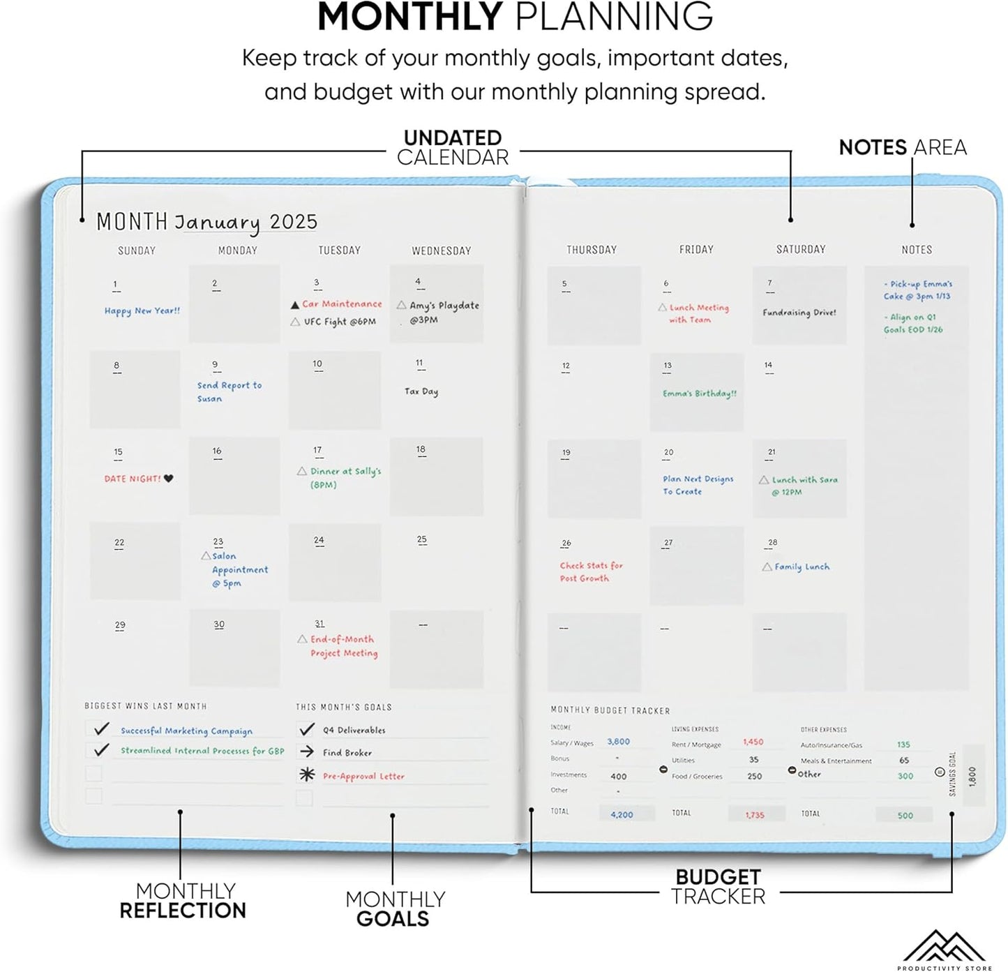 PRODUCTIVITY STORE Pro - Undated, 2025 Planner, 5.8” x 8.3” - The #1 Productivity Planner to Achieve Your 2025 Goals - Planner 2025-2026 - Blue - A5