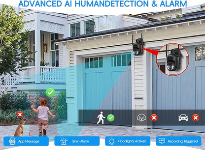 [3K, 360° View] 5MP Wireless Security Camera System, 4pcs 3K PTZ Cameras Outdoor Indoor, C102 Dual WiFi Surveillance System NVR with 4LED Floodlights & Siren Alarm, 2 Way Audio,Motion Sensor,1TB HDD