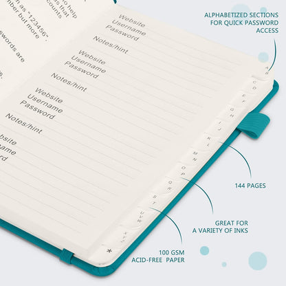 JUBTIC Password Book with Alphabetical Tabs. Medium Size Password Keeper Logbook for Internet Log in, Website Address. Hardcover Password Journal Notebook & Organizer for Home Office, Turquoise