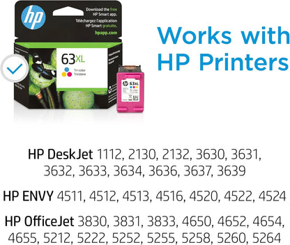 HP 63XL Tri-color High-yield Ink Cartridge | Works with Printer Series: DeskJet 1112, 2130, 3630; ENVY 4510, 4520; OfficeJet 3830, 4650, 5200 | Eligible for Instant Ink | F6U63AN