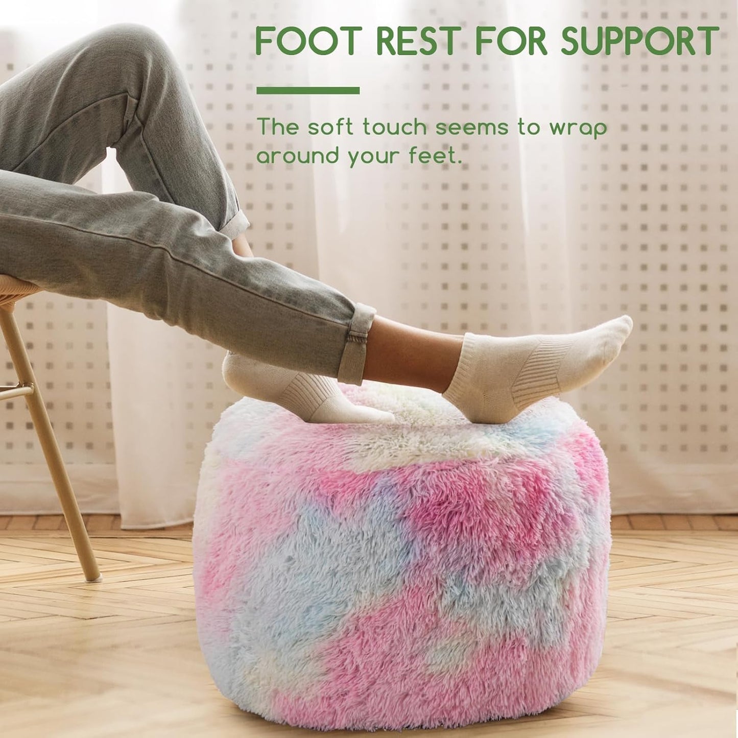 HIGOGOGO Round Stuffed Pouf Ottoman, Long Faux Fur Poufs with Foam Chunk Filling, Fluffy and Furry Pouf Foot Stool Storage Ottoman, 20 X 15 Floor Poufs Foot Rest for Living Room, Rainbow