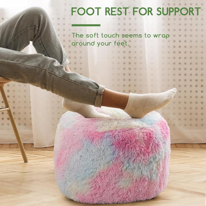 HIGOGOGO Round Stuffed Pouf Ottoman, Long Faux Fur Poufs with Foam Chunk Filling, Fluffy and Furry Pouf Foot Stool Storage Ottoman, 20 X 15 Floor Poufs Foot Rest for Living Room, Rainbow