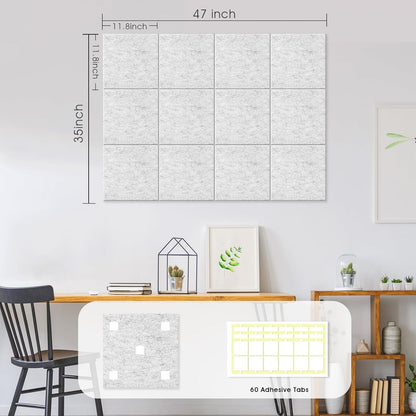 Large Cork Board for Office Wall Decor,48"x36"-12 Pack Felt Wall Tiles with Safe Removable Adhesive Tabs, 1/2" Thick, Felt Bulletin Board Pin Board Cork Boards for Walls - Light Grey
