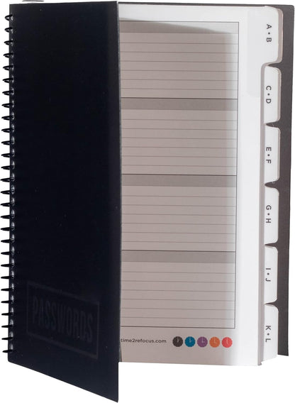RE-FOCUS THE CREATIVE OFFICE, Password Book Keeper, Black, Small, Mini, Alphabetical Tabs, Spiral Bound, Removable Sheets, Journal Organizer, Includes, Website, Address, Username, Password