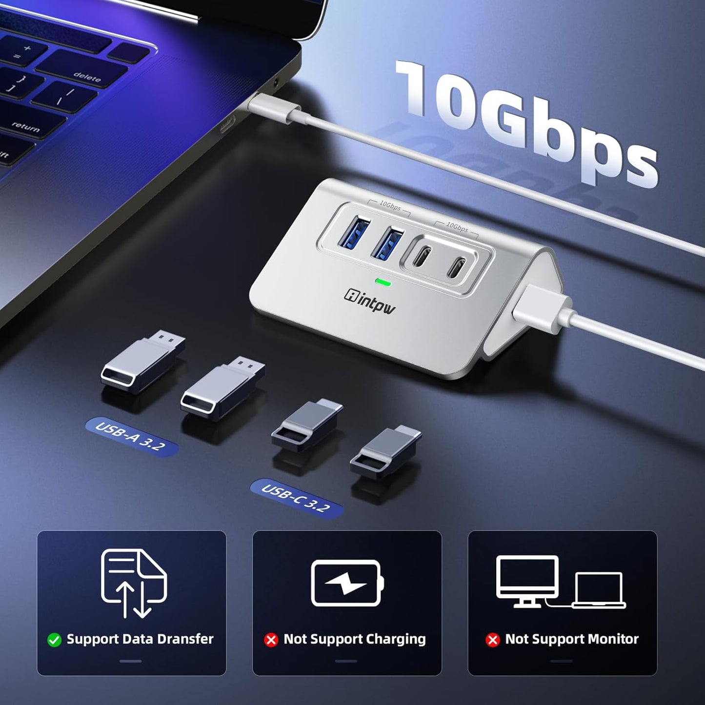 USB C Hub 10Gbps, 4 Port USB Splitter with 2 USB C/USB A 3.2 Data Ports, [Not Support Video and Chrging], Aluminum USB 3.2 Hub with 3.3Ft Cable for Laptop, PC, Mac, Flash Drive, Camera