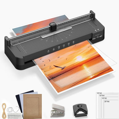 Laminator Machine with 40pcs Laminating Pouches Sheets, 9 in 1 Laminator 13-inch Wide Thermal &Cold Machine Built-in Paper Trimmer Corner Rounder Hole Punch for Home Office School (Black)