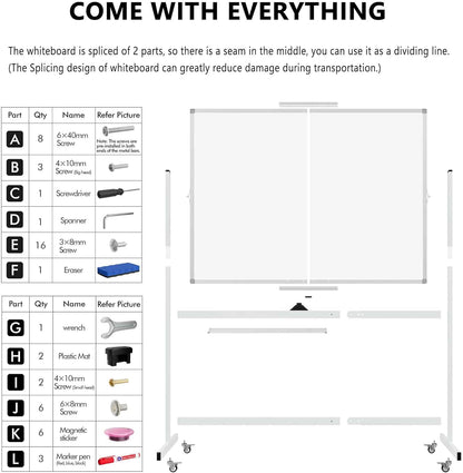 Large Rolling Whiteboard on Wheels, 48" x 36" Double-Sided Mobile White Board with Stand, 4' x 3' Portable Standing Magnetic Dry Erase Board Easel for Home Office Classroom School, Silver