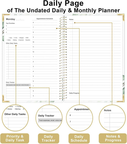 Undated Daily Monthly Planner for 2025 2026 - A5 To Do List with Hourly Schedule, Hardcover Spiral Bound Daily Planner to Increase Focus, Stylish School/Office Supplies, 5.8" x 8.5", Green Leaf