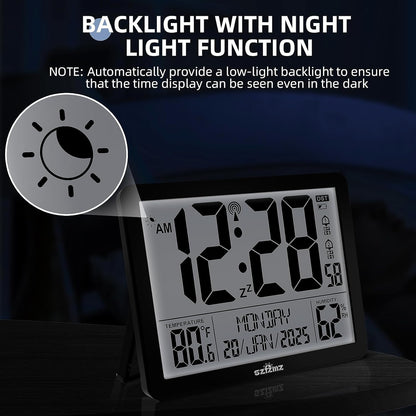Atomic Digital Wall Clock Battery Operated with Backlight, Desk Clocks with Indoor Temperature & Humidity, 8.5" Small Alarm Clock with Date and Day of Week for Bedrooms, Living Room, Auto DST, Black