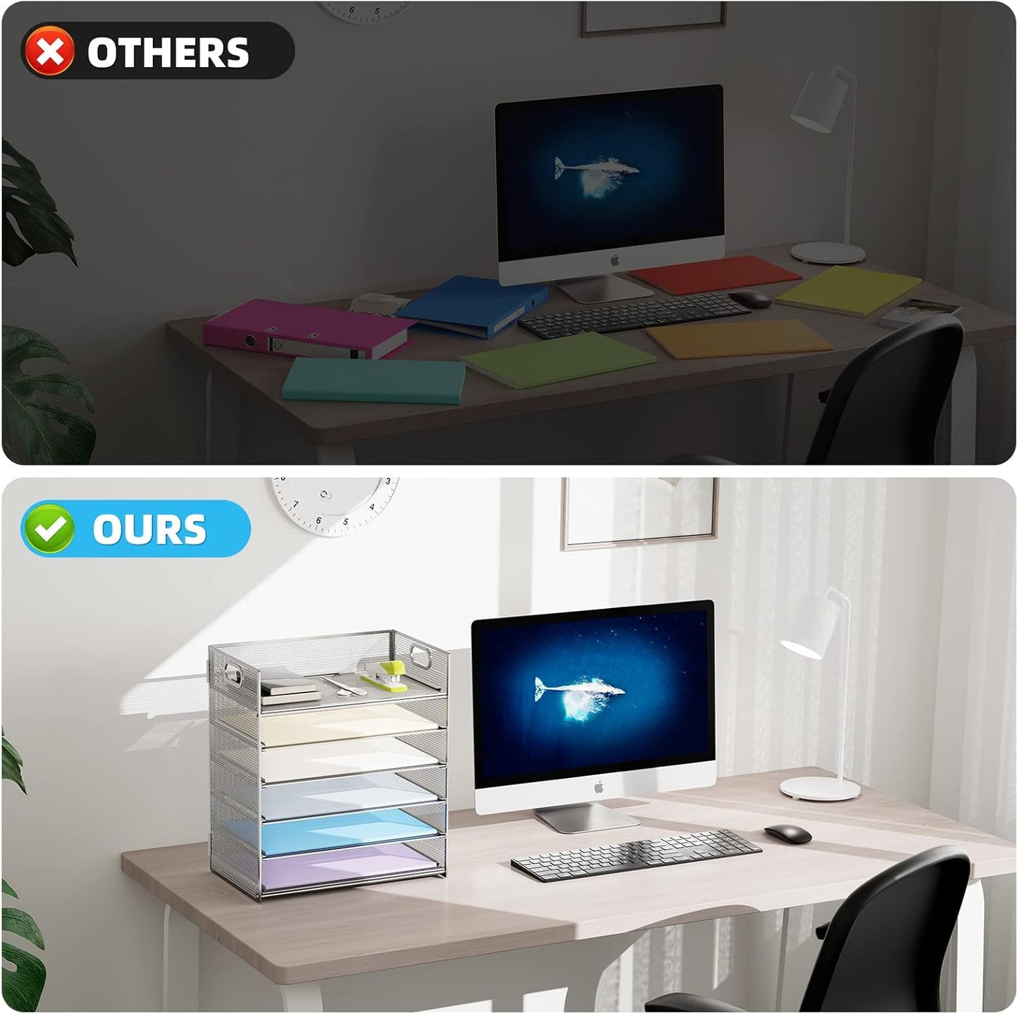 Marbrasse Paper Letter Tray - 6 Tier Mesh File Organizer with Handle, Paper Sorter for Letter/A4 Office File Folder Holder - Silver