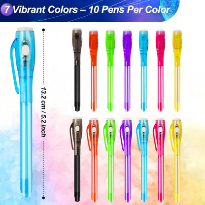 70PCS Invisible Ink Pens with UV Light – 7 Colors Spy Pens for Secret Messages – Fun Party Favors, Halloween, Christmas, Stocking Stuffers, Treasure Hunt, Classroom & Birthday Gifts