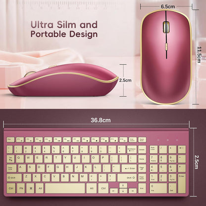 JOYACCESS Wireless Keyboard and Mouse, 2.4g Slim and Ergonomic Wireless Keyboard Mouse Combo- Full Size and Portable Design for Laptop/Windows/Computer-Wine Red Gold
