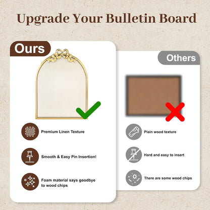Vintage Arched Linen Cork Board with Gold Bowknot – Decorative Bulletin Board for Walls, Iron Frame Pin Board for Notes, Photos & Reminders, Elegant Vision Board for Home & Office 16"x21"
