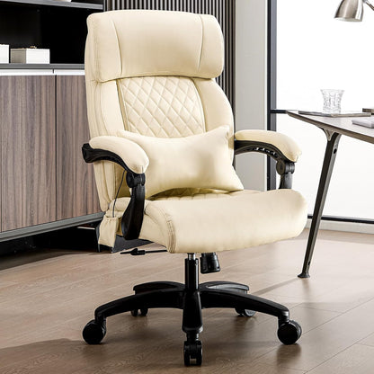 Lumbar Massage Office Chair, 500LBS Big and Tall Office Chair, Heavy Duty Ergonomic Executive Reclining Chair with High Back and Lumbar Support, Beige