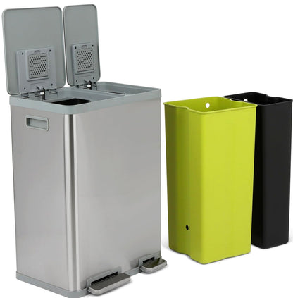 SIMPLI-MAGIC 16 Gallon (38L x 22L) Dual Compartment Step Trash Can – Kitchen Garbage Can with Waste & Recycling Bins – Slow-Close Lid, Odor Control, Hands-Free, Inner Bases, Brushed Stainless Steel