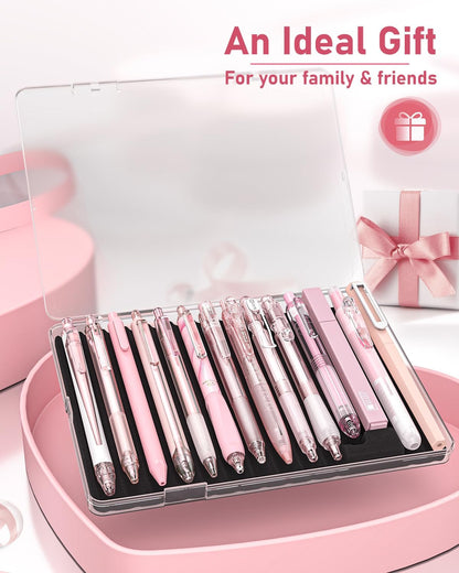 Four Candies 14Pack Pastel Gel Ink Pen Set,Cute Retractable 0.5mm Fine Point Pen,Note Taking Aesthetic Pens,12 Pack Black Ink Pens with 2Pack Highlighter, Smooth Writing Pens for School, Office (Pink)