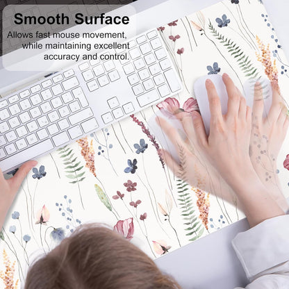 QiyI Large Mouse Pad, Cute Flower Desk Mat for Desktop, Women Girls Floral Office Décor Accessories, PU Leather Waterproof Big Gaming Mousepad, Wildflowers Desk Pad Computer Mat, 31.5" x 15.7"