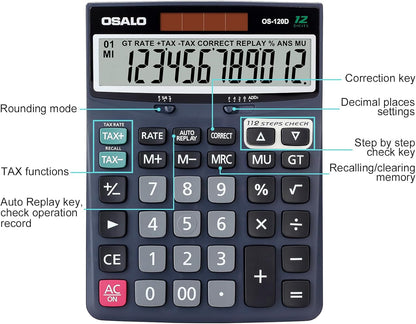 OSALO 12 Digits Desktop Calculator Extra Large LCD Display with VAT Tax Big Button, Dual Solar Power and Battery, Basic Calculator for Office, Home, School (DJ-120D Deep Blue)