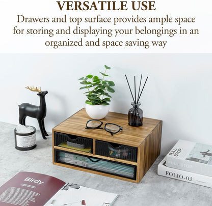 MyGift Premium Acacia Solid Wood Desktop Organizer Box with 3 Removable Black Metal Mesh Trays, Rustic Office Desk Supplies Storage Drawers for Accessories