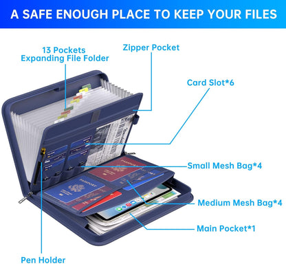 ENGPOW Accordion File Organizer,Fireproof Expanding File Folder with Multi Pockets,13 Pockets Document Organizer with Handle & Labels,Portable Home Travel Safe Storage Folder for Letter A4 Files,Blue