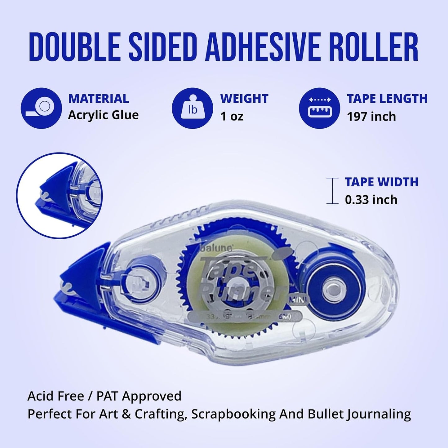Tape Runner - Double Sided Adhesive with Dispenser Roller Included - Acid Free, Sticky, Clear & Transparent - Ideal for Scrapbooking, Crafts & More - Mini (197 inches per Cartridge), 20 Cartridges