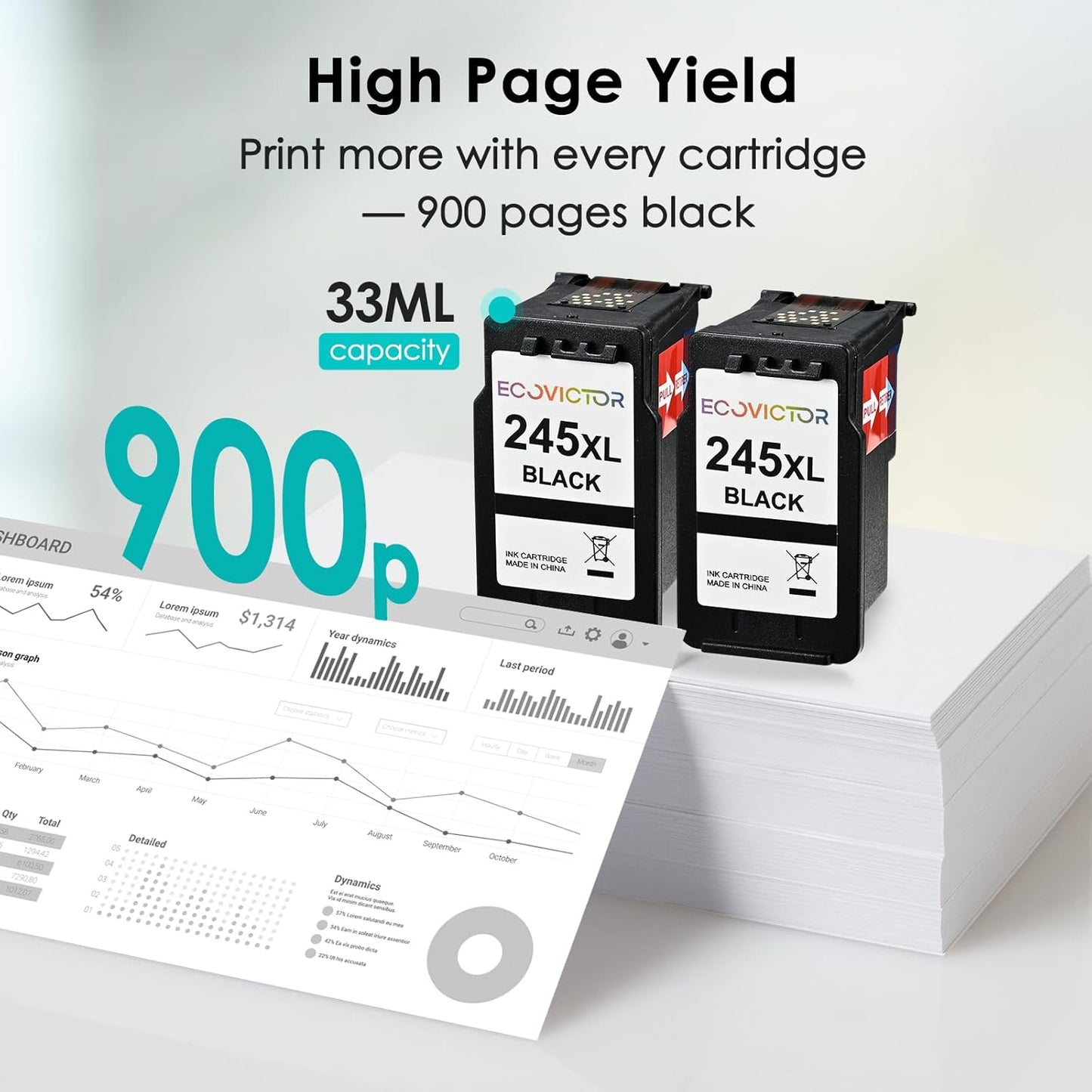 EcoVictor 245XL Black Ink Cartridge Replacement for Canon 245 XL PG-245 XL (Black 2 Pack) Compatible to Pixma MX490 MX492 MG2522 TR4520 TR4500 TS3122 TS3322 MG2520 MG2500 MG3022 TS3320 TR4522 Printer