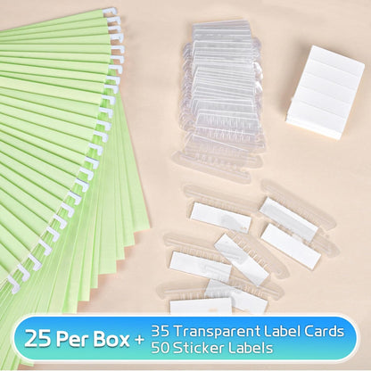 25-Pack Green Hanging File Folders, Letter Size (8.5" x 11") with 1/5-Cut Tabs,Includes 35 Transparent Label Cards & 50 Sticker Labels for Home & Office Organization