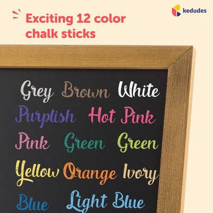 Kedudes Dustless Chalk with Eraser, 24pk - 12 Colored Chalkboard Chalks and 12 White Chalk for Chalkboard and Board Erasers Set - Blackboard Chalks and Eraser with Wooden Handle