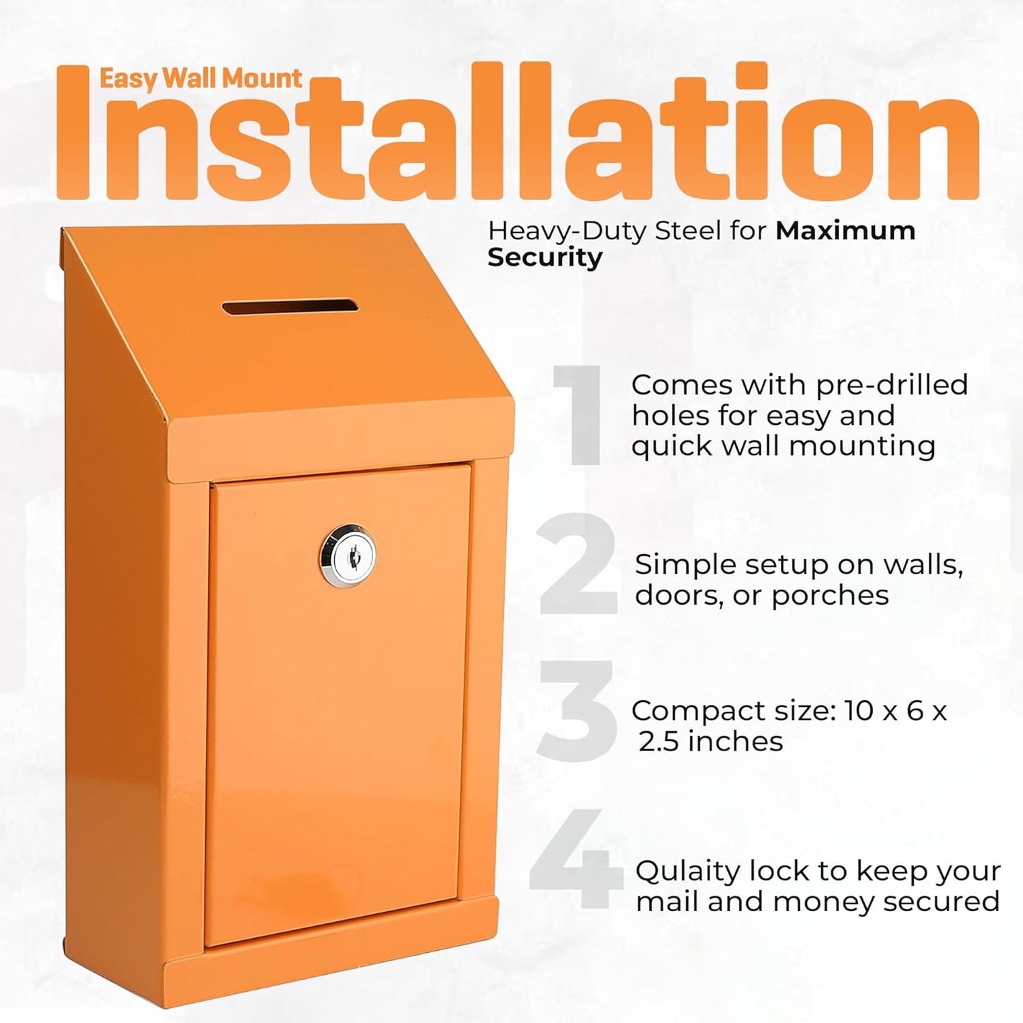 Metal Donation Box-Suggestion Box with Slot and lock-Cash Lock box for Money-Secure Drop Box-Comment and ballot voting box-comes with pre-drilled holes for easy wall mounting 10 X 6 X 2.5"(Orange)