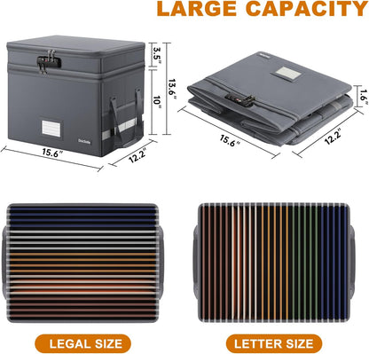 DocSafe File Box with Lock,Multi-Layer Fireproof Document Box Collapsible File Storage Organizer with Pockets/Handle,Large Portable Home Office Filing Box for Hanging Letter/Legal Size Folders,Gray
