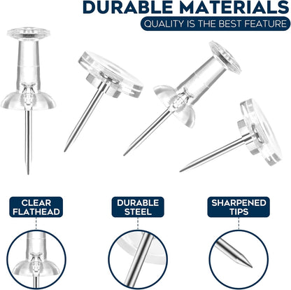 150 Pack Assorted Clear Push Pins by Luxurecourt for Bulletin Board, Wall Hanging, Cork Board, Shadow Box Display - Includes Flat Head Thumbtacks & Standard Pushpins in Plastic Resuable Storage Box.