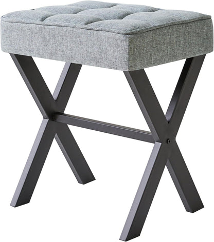 IBUYKE Square Makeup Stool with X-Leg Foot Rest, Linen Footrest, Ottoman Seat, Multi-Use as Small Side Table, for Bedroom, Living Room, Blue Gray LG-70L