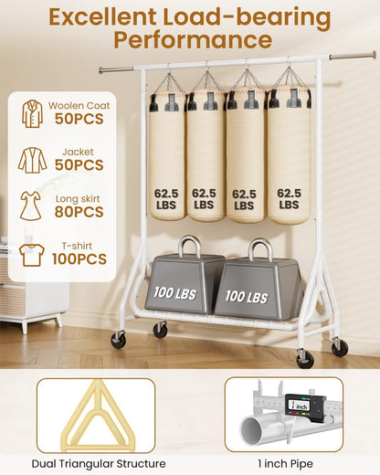 Heavy Duty Clothes Rack, Metal Clothing Rack Load 450 LBS, Rolling Coat Racks for Hanging Clothes with Lockable Wheels, Wardrobe Closet Garment Racks for Bedroom, White