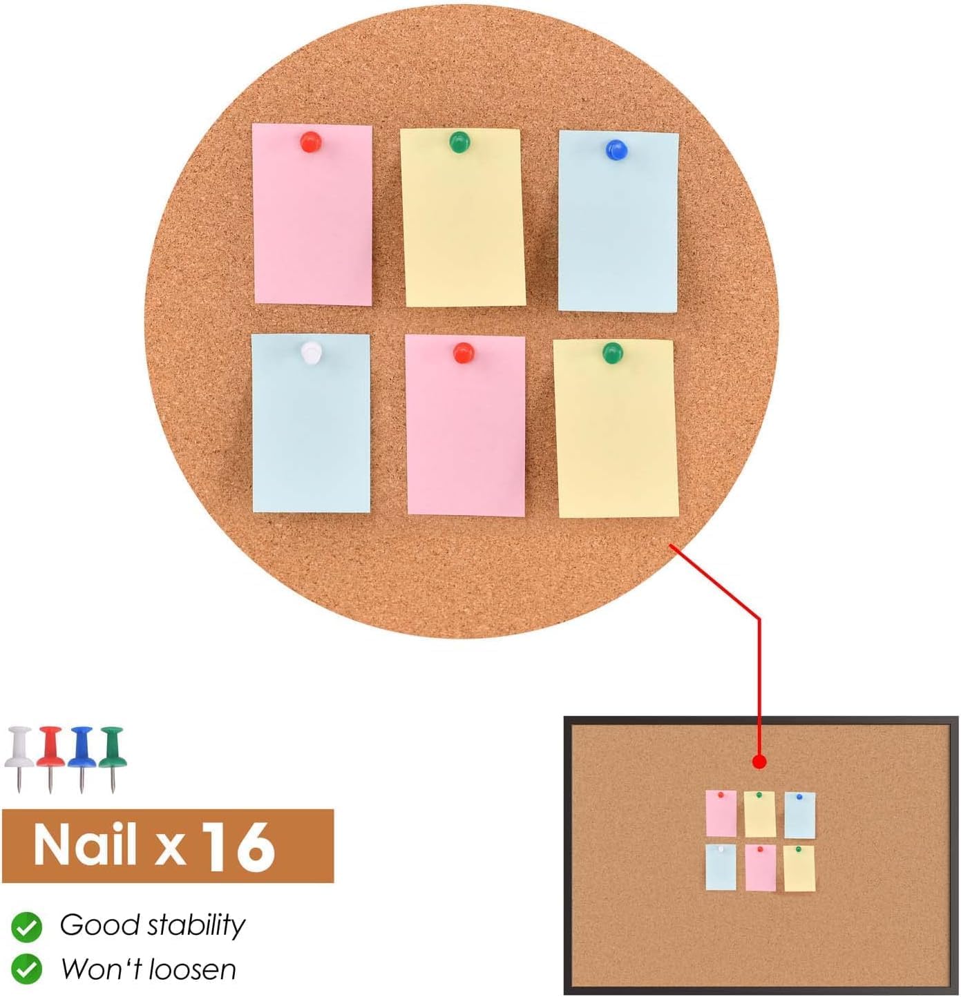 Board2by Cork Board Bulletin Board 24“ x 18”, Black Wood Framed Corkboard, Office Board for Wall Cork, Large Wall Mounted Notice Pin Board with 16 Push Pins for School, Home & Office