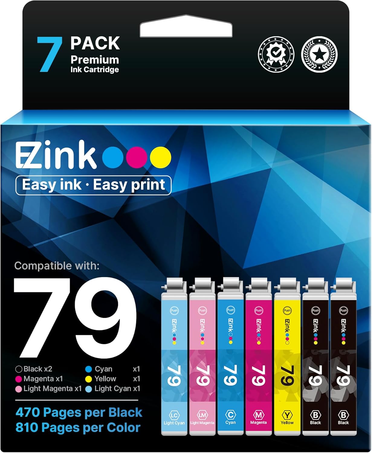 E-Z Ink Remanufactured Ink Cartridge Replacement for Epson 79 T079 (T079120, T079220, T079320, T079420, T079520, T079620) to use with Artisan 1430 and Stylus Photo 1400 Printer (7 Pack)