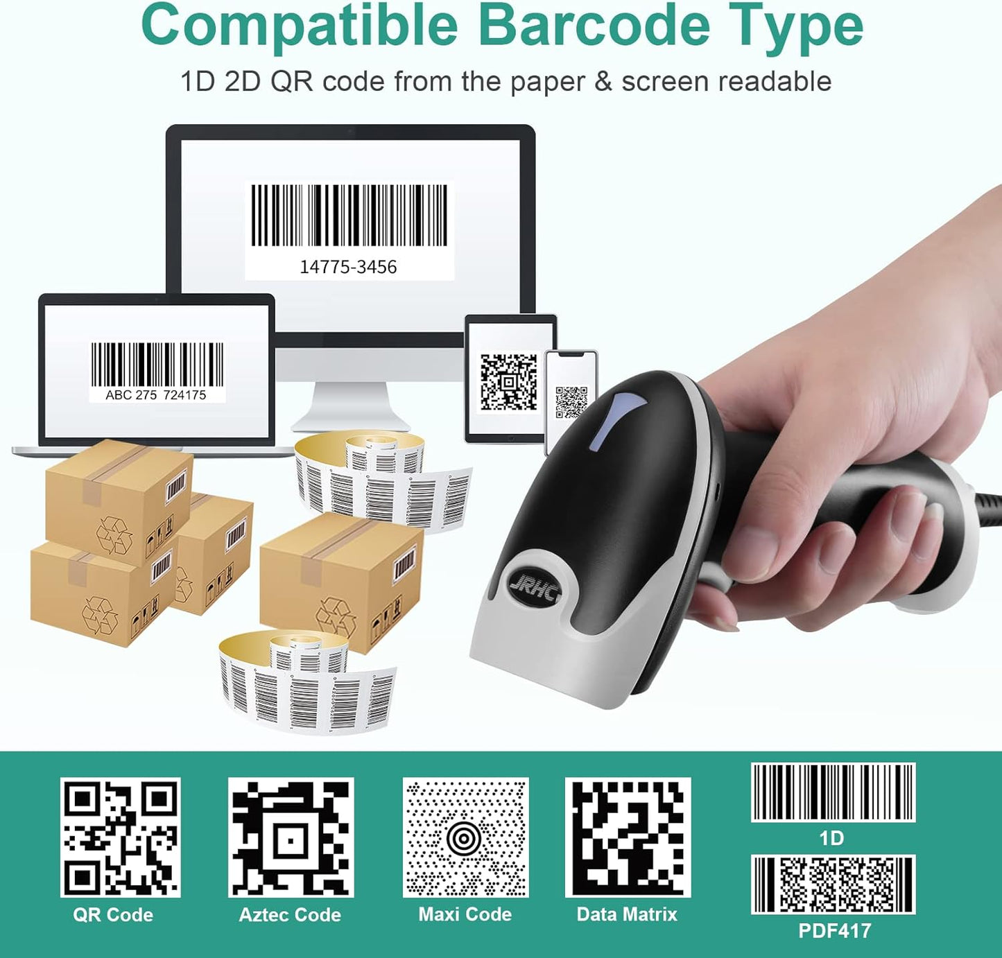 Barcode Scanner, USB Handheld QR Code Scanner Wired Connection 1D 2D&PDF417 Data Matrix Automatic Barcode Reader Plug and Play Bar Code Scanners for Store Supermarket Warehouse Library