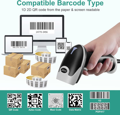Barcode Scanner, USB Handheld QR Code Scanner Wired Connection 1D 2D&PDF417 Data Matrix Automatic Barcode Reader Plug and Play Bar Code Scanners for Store Supermarket Warehouse Library