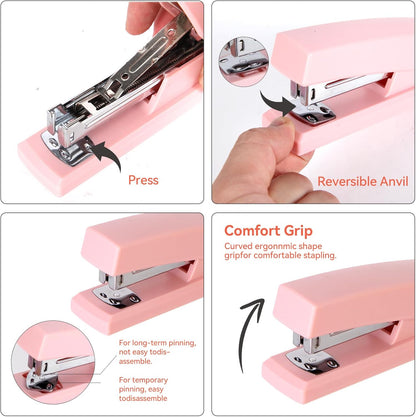 Pink Desk Accessories, Pink Office Supplies Set with Stapler, Tape Dispenser, Staple Remover, Pen Holder, Scissor, Binder/Paper Clips, Ballpoint Pen, Clear Tape and 1000pcs Staples