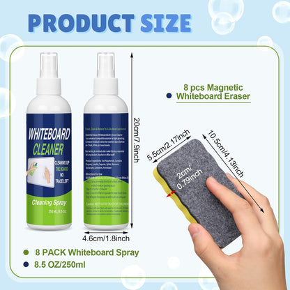 16 Pcs Dry Erase Whiteboard Cleaner Set, 8.5 fl oz Whiteboard Cleaning Spray Dry Erase Board Liquid Cleaner with 8 Magnetic Chalkboard Board Erasers for Classroom Home Office
