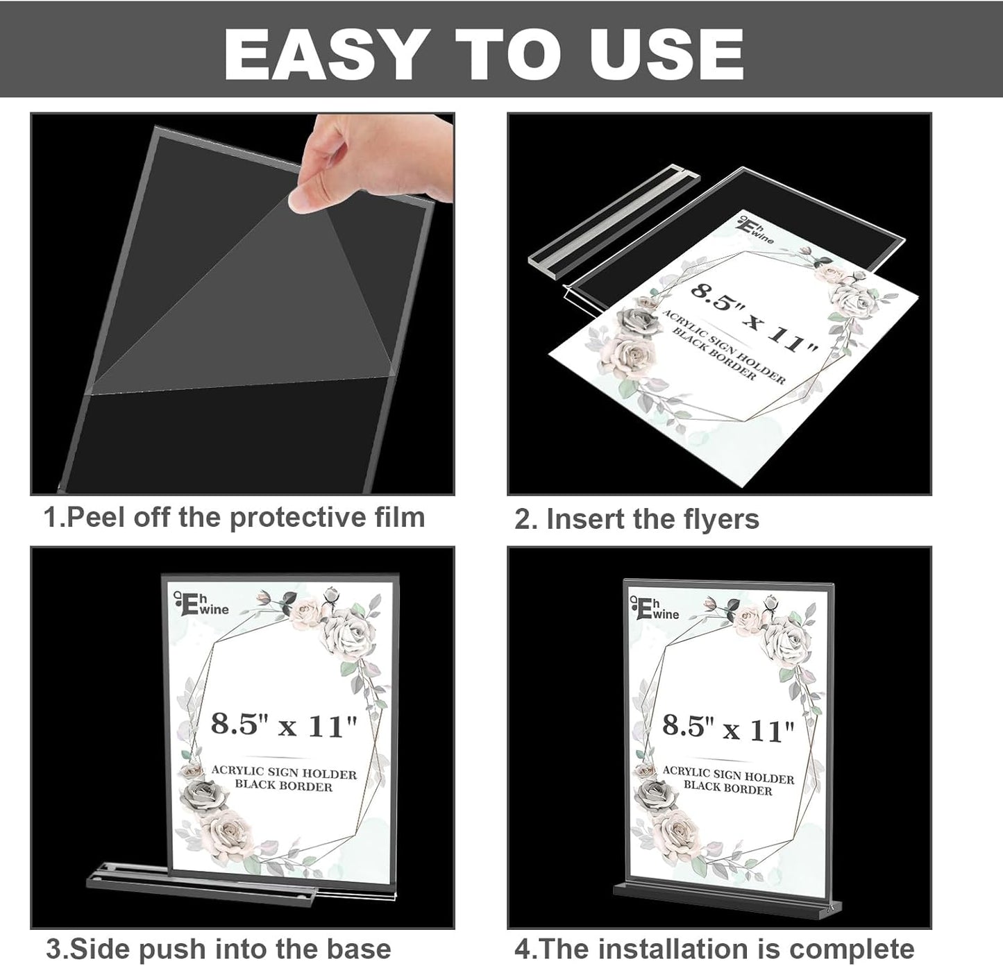EHWINE 8 Pack Acrylic Sign Holder 8.5 x 11, Double-Sided Tabletop Black Sign Holder, Clear Acrylic Picture Frame Menu Flyer Paper Holder Display Stand for Home Wedding Party (with Non-Slip Pads)
