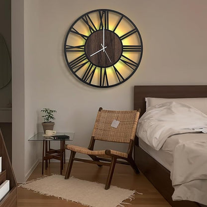 LEIKE Large LED Wall Clocks,Silent,Non Ticking,Battery Operated Rustic Round Modern Big Wood Wall Clock for Living Room, Bedroom,Kitchen,Farmhouse,Office,Home Decor -20" Black,LED,Roman Number