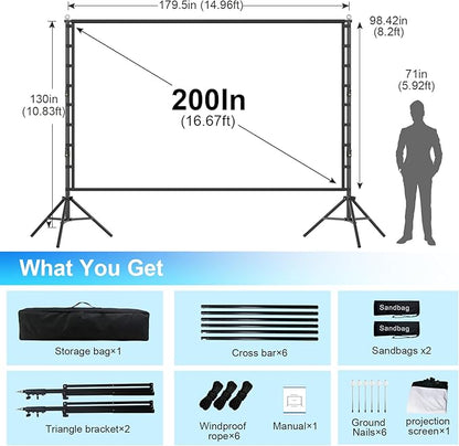 200inch Outdoor Projector Screen with Stand,XINLEMY Big Portable Projection Screen,16:9 4K HD Wrinkle-Free Rear Front Movie Screen with Carry Bag for Backyard Night RVing Home Theater