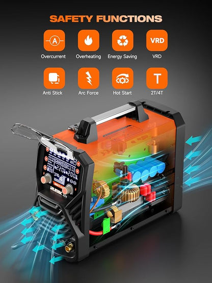 Multiprocess Welding Machine-200A 7 in 1 Welder Combo with HF TIG/Gas MIG/Flux Core MIG/Stick/Plasma Cutter/SYN/Spot/VRD Welding, Spool Gun 110/220V Dual Voltage Aluminum Welder