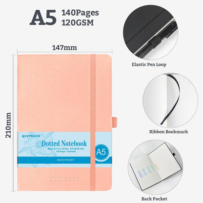 2Pack Bullet Dotted Hardcover Journal Notebook, A5 140 Pages 120Gsm Thick Paper for School,Note Taking,Work,Diary，5.7"*8.3",Blush