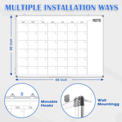 WALGLASS Dry Erase Calendar Whiteboard, 48" x 36" Monthly Large Dry Erase Calendar for Wall, Double-Sided Hanging White Board with Silver Aluminum Frame for Home, School, Office, Kitchen